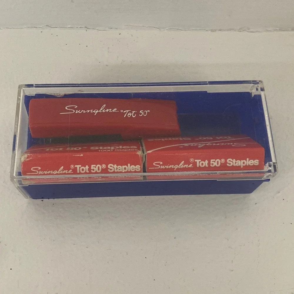 Vintage‎ Swingline Tot 50 Red Mini Stapler Blue Case Staples Set Office Supplies